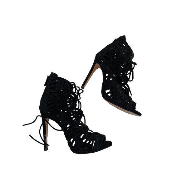Zara Lace-Up Peep Toe Black Stiletto Heels With Cut-Out Design - Picture 6 of 6